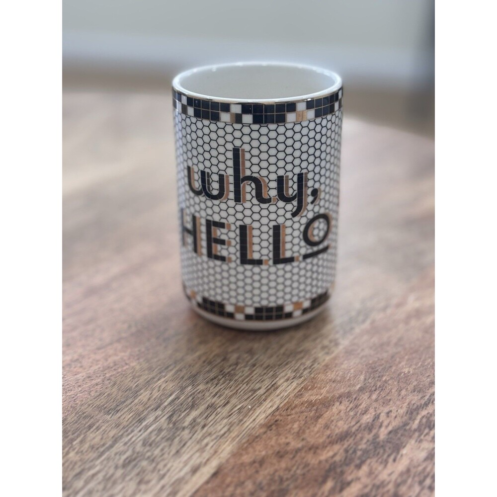 Anthropologie Bistro Tile “Why, Hello” Cup NEW Stoneware Cup Makeup Brush Holder